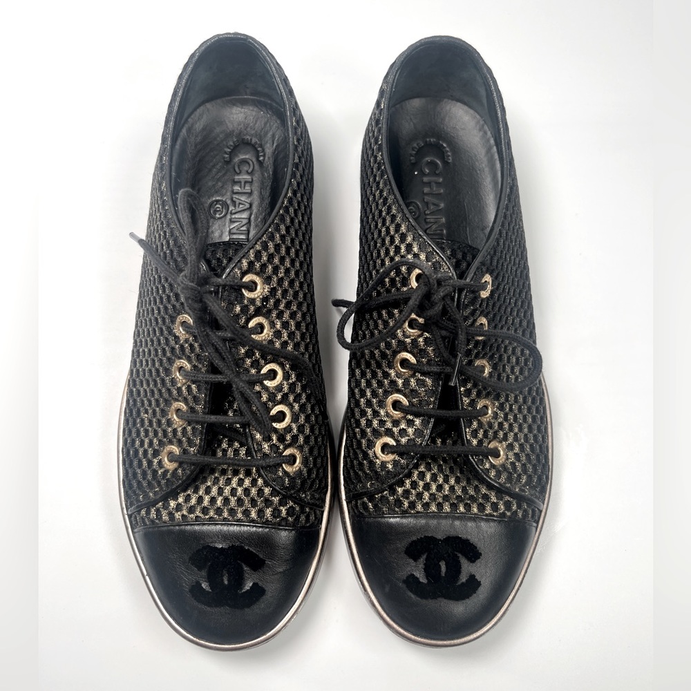 Chanel Leather and Mesh Metallic Bronze Sneakers